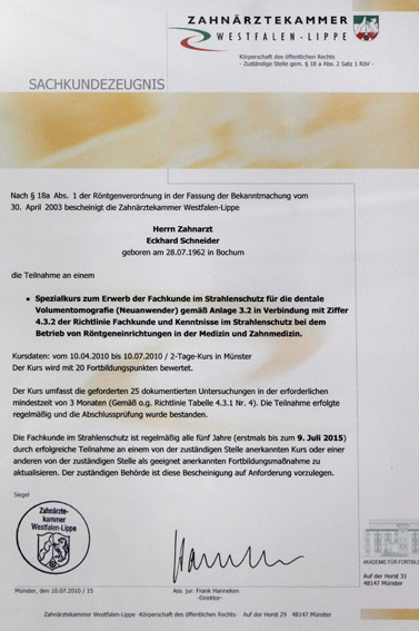 Zertifikat - Praxis für Zahnheilkunde · Zahnarzt Eckhard Schneider in 45661 Recklinghausen